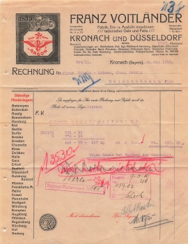 Kronach und Düsseldorf Fettfabrik "Argon" Franz Voitländer Briefkopf 1919