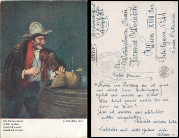 K.u.K. Infantry Regiment No.67 Field post number 644 on violin player artist card Giardello