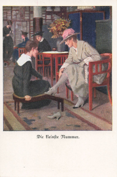 The smallest number, No. 14, artist's postcard by Brynolf Wennerberg, B.W., Woman in a shoe shop, * circa 1915