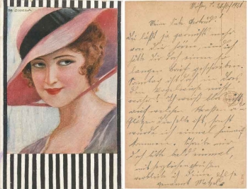 Dame mit Hut Künstlerkarte CE Godella 274 o 31.7.1920Dame mit Hut Künstlerkarte CE Godella 274 gebr. 1920