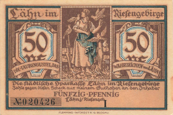 Lähn im Riesengebirge Schlesien Notgeldschein Wleń um 1920