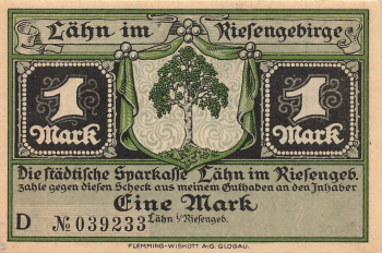 Lähn im Riesengebirge Schlesien Notgeldschein Wleń um 1920