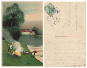 Campfire artist card railway postmark Dresden Zittau Zug 850 June 15, 1912