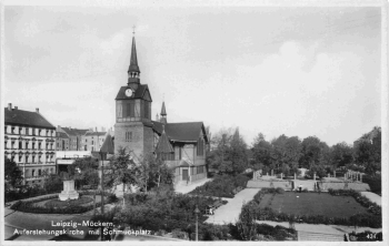 Möckern Leipzig Schmuckplatz mit Auferstehungskirche o 1934