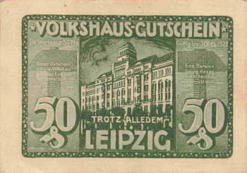 Leipzig donation token: Volkshaus shelled and set on fire by the Reichswehr, 1920.