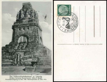 Leipzig Völkerchlachtdenkmal Sonderstempel Weihe 18.10.1913 nach München Briefträgerstempel 290