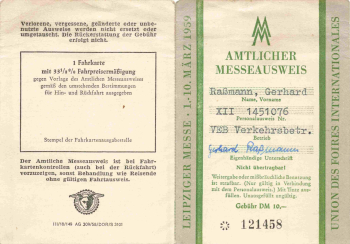 Leipzig Official Trade Fair Pass 1959