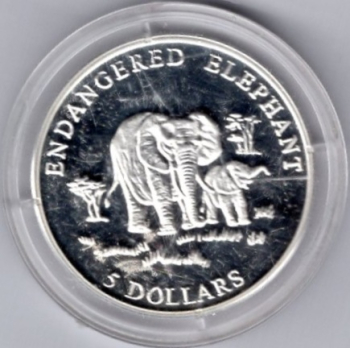 Liberia 5 Dollars 2000 Endangered Elephant Silver Coin