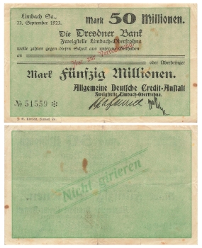 Limbach Fifty million marks Dresdner Bank September 22, 1923 emergency money