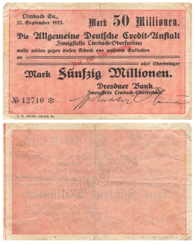 Limbach-Oberfrohna Fifty million marks Deutsche Creit Anstalt September 22, 1923 emergency money