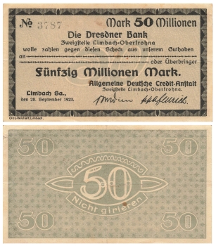 Limbach-Oberfrohna Fifty million marks Dresdner Bank September 28, 1923 emergency money