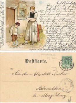 Junge hat Loch im Strumpf  Künstlerkarte F. Reis Meggendorfer Blätter nr.14 o 13.7.1898
