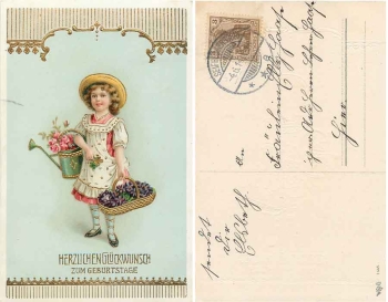 Girl with a basket of flowers and a watering can Gold edging birthday card o 4.6.1914