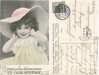 Girl with hat birthday card o 25.5.1906