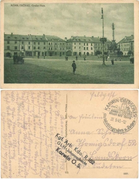 Field post stamp POW labor commando R182 GLM Johannschacht Karwin Oberschlesien o 27.9.1943 on postcards Moravian Trubau