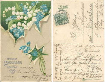 Maiglöckchen Vergissmeinnicht Prägekarte  o 16.12.1908