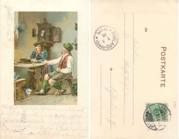 Mann raucht Pfeife am Küchentisch mit Frau, o 3.3.1900