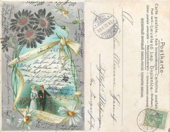 Margeriten aufgeklebte glänzende Blumen Jugendstilkarte o 7.8.1902