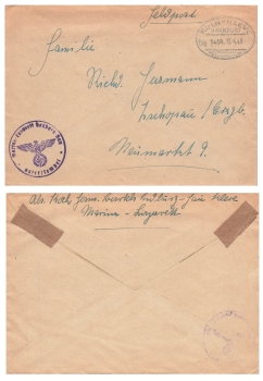 Marine hospital Bedburg field post letter with railway post Cologne-Kleve train 1454 o April 13, 1943