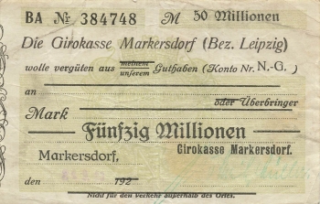 Markersdorf district Leipzig Fifty million marks check 1923 emergency money