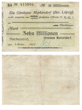 Markersdorf Bez. Leipzig Zehn Millionen Mark Scheck 1923 Notgeld