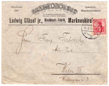 Markneukirchen decorative envelope of the musical instrument factory Ludwig Glaesel o 24.2.1914