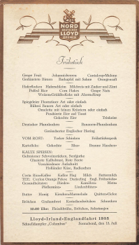 Menu card steamer "Columbus" 07/13/1935 LLOYD Ireland - trip to England