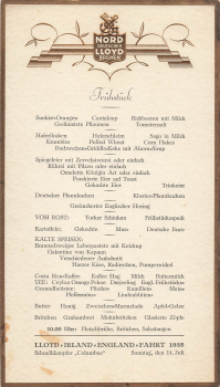 Menu steamer "Columbus" 14.07.1935 LLOYD Ireland - England trip