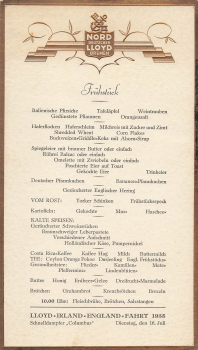 Menu card steamer "Columbus" 16.07.1935 LLOYD Ireland - England trip