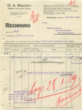 Metzingen Bazlen Seifen- u. Chem. Fabrik Rechnung 22.1.1929