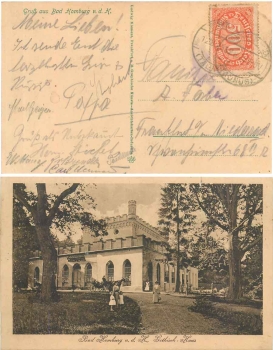 Deutsches Reich Mi.Nr. 251 o 500 Reichsmark Wasserzeichen 2 seltene Einzelfrankatur auf Ak Bad Homburg o 12.8.1923