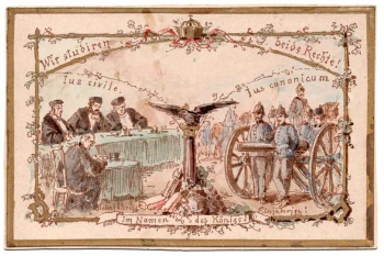 Law students and military original postcard drawing around 1900