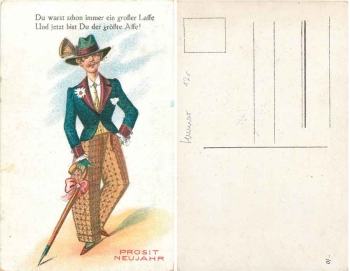 Neujahrskarte Humor Großer Laffe, Größte Affe * ca. 1930