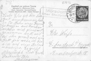 07646 Mörsdorf, Thuringia – Gasthof zur Grünen Tanne – Rural postmark: Mörsdorf via Stadtroda, 1937.