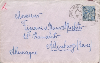 Monaco 25 Cent Einzelfrankatur auf Brief o Monte Carlo 7.4.1914 nach Altenburg