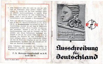 Motorcycle Trophy International F.N. Motoren Gesellschaft tender booklet 8 pages around 1920