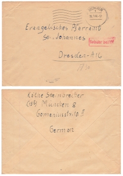 Munich 1 red fee paid stamp on letter o January 26, 1946 to Dresden
