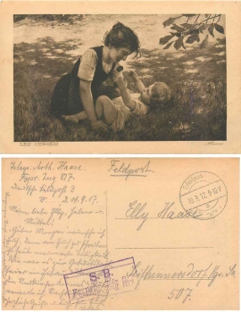 Mother with child artist card Alsina field post stamp telephone train 817 o 19.9.1917