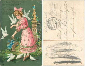 Tauben mit Mädchen Goldschnittkarte o 9.4.1910
