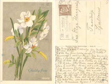 Bouquet of daffodils artist card V. Hancke o 28.5.1953