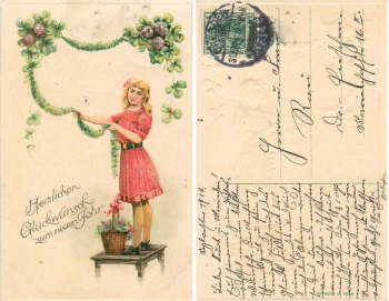 Neujahr Mädchen mit Blumengirlande Prägekarte o 31.12.1914