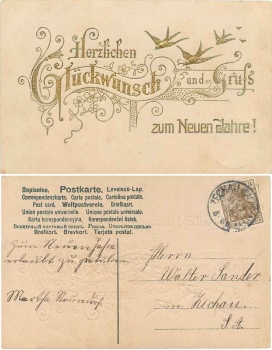 Neujahr Glückwunsch Vögel Blumen Goldschnittkarte o um 1906
