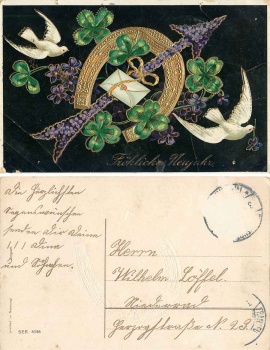 Neujahr Goldschnittprägekarte mit Hufeisen und Tauben Kleeblatt o um 1910