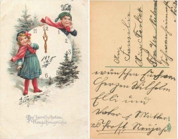 Neujahr Kinder mit Uhr Glückwunschkarte gebr. 1920