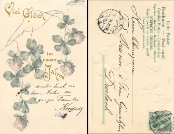 Neujahr Kleeblatt Goldschnitt Prägekarte o 1.1.04