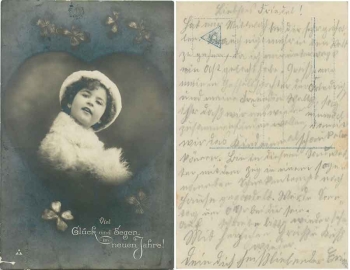 Neujahr Mädchen Glücksklee mit Herz Serienkarte 975/5 gebr. ca. 1920