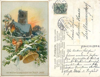 Neujahr Glückwunsch Glocke, Vögel Goldschnittkarte o 31.12.1912