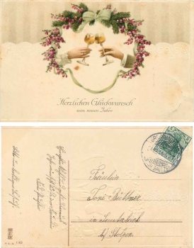 Neujahr Weingläser Glückwunschkarte o 31.12.1911