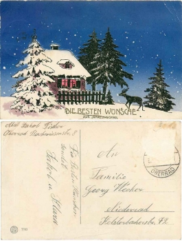 Glückwunsch Jahreswechsel, Hirsch vor einem verschneiten Haus, o ca. 1915