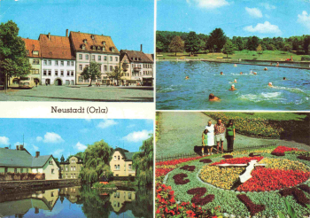 Neustadt Orla Mehrbildkarte mit Blumenuhr o 1980